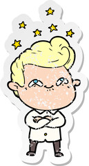 distressed sticker of a cartoon excited man