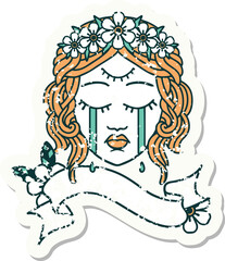 grunge sticker with banner of female face crying with third eye