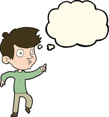 cartoon pointing boy with thought bubble