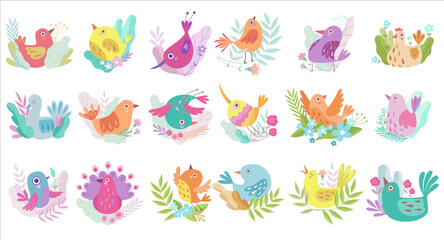Collection of cute colorful birds sitting on tree branches cartoon vector Illustration