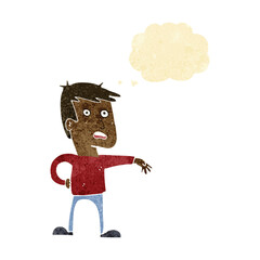 cartoon man making camp gesture with thought bubble