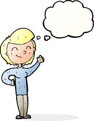 Obraz premium cartoon friendly waving woman with thought bubble