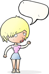 cartoon waving woman with speech bubble
