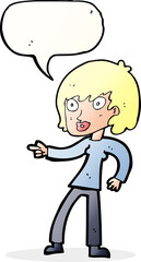 cartoon woman pointing with speech bubble