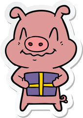 sticker of a nervous cartoon pig with present