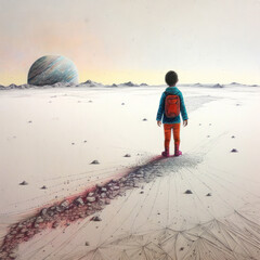 A lonely child on a desolate and deserted planet created with Generative AI technology
