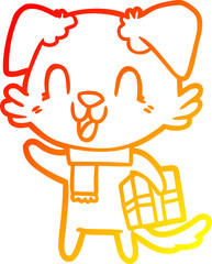 warm gradient line drawing laughing cartoon dog with christmas present