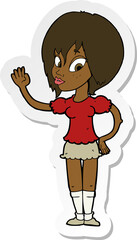 sticker of a cartoon pretty woman waving