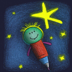 Child's crayon drawing of a space alien in the night sky with stars created with Generative AI technology