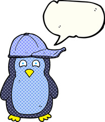 comic book speech bubble cartoon penguin wearing hat