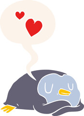 cartoon penguin and love hearts and speech bubble in retro style