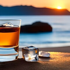 Glass of whiskey with ice and in the background the sunset on a beach
