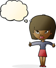 cartoon woman giving thumbs up symbol with thought bubble