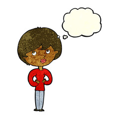 cartoon woman making Who Me? gesture with thought bubble