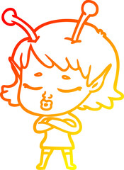 warm gradient line drawing cute alien girl cartoon