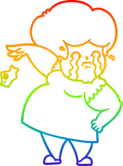 rainbow gradient line drawing cartoon crying woman dropping handkerchief