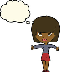 cartoon woman giving thumbs up symbol with thought bubble