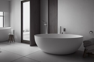 Fototapeta na wymiar Japandi minimalist bathroom in white and bleached tones. Freestanding bathtub and wooden washbasin. Farmhouse interior design. Generative AI