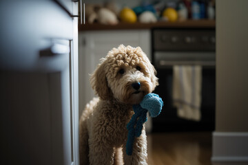 Goldendoodle in the Kitchen created with Generative AI Technology, ai, generative