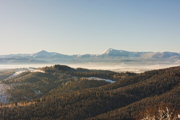 Fototapeta premium Winter landscape of snowy mountains with winter forest. Winter landscape