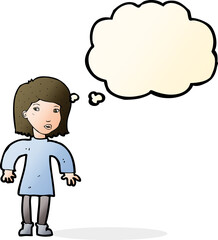 cartoon cautious woman with thought bubble