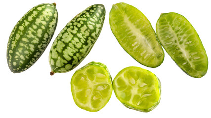 Fototapeta na wymiar Set of Cucamelon Melothria Scabra mexikani Minimelone Mausmelon. two half and two whole cucumbers. two long isolated on a white very cloce macro shot
