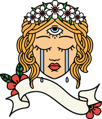 tattoo with banner of female face with third eye crying