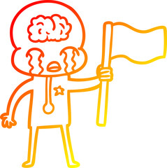 warm gradient line drawing cartoon crying big brain alien waving a flag