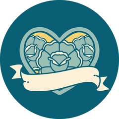 tattoo style icon of a heart and banner with flowers