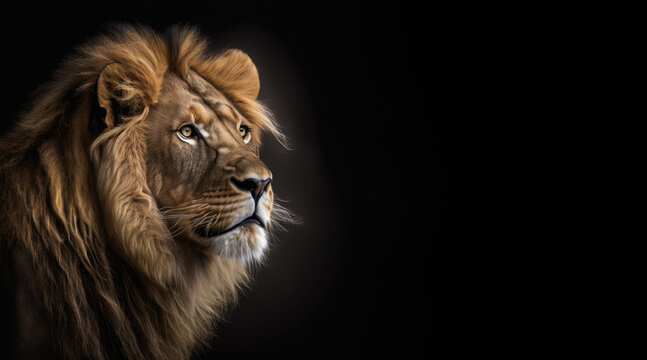portrait of a lion, photo studio set up with key light, isolated with black background and copy space - generative ai