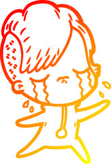 warm gradient line drawing cartoon crying girl wearing space clothes