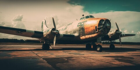 Fototapeta na wymiar Vintage Aircraft Parked on Tarmac, generative ai