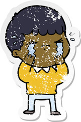 distressed sticker of a cartoon man crying