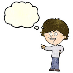 cartoon boy laughing and pointing with thought bubble