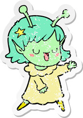 distressed sticker of a happy alien girl cartoon