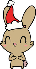 cute line drawing of a rabbit wearing santa hat
