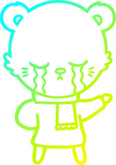 cold gradient line drawing crying cartoon bear wearing winter clothes