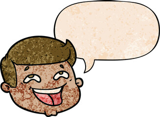 happy cartoon male face and speech bubble in retro texture style