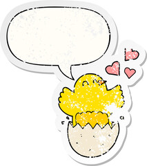 cute hatching chick cartoon and speech bubble distressed sticker