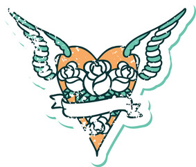 distressed sticker tattoo style icon of a flying heart with flowers and banner