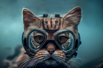 diver cat swims underwater in a glasses mask illustration Generative AI