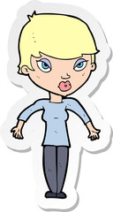 sticker of a cartoon woman shrugging shoulders