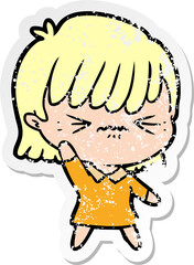 distressed sticker of a annoyed cartoon girl