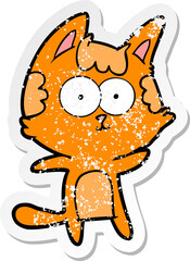 distressed sticker of a happy cartoon cat