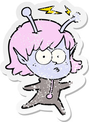 distressed sticker of a cartoon alien girl