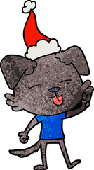 textured cartoon of a dog sticking out tongue wearing santa hat