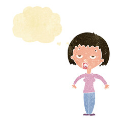 cartoon woman shrugging shoulders with thought bubble