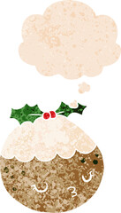 cute cartoon christmas pudding and thought bubble in retro textured style