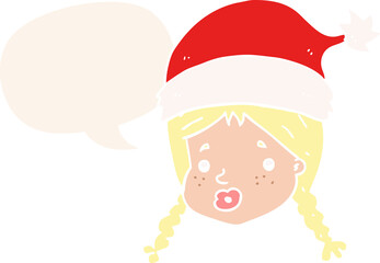 cartoon girl wearing christmas hat and speech bubble in retro style