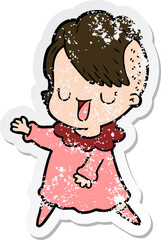 distressed sticker of a cute cartoon girl with hipster haircut